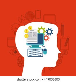 Technology concept represented by intermet media icon and human head design. Colorfull and flat illustration. 