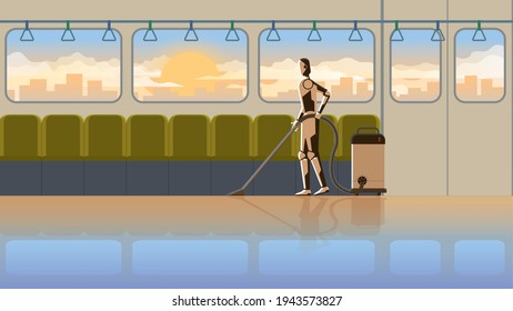 Technology concept of Robot replaces human. Artificial intelligence mechanism cyborg cleaning in train transportation for 24 hours in early morning sunrise without people. Unemployment job in future.