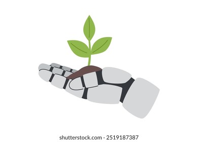 Technology concept. Robots hand holding a plant isolated on white background. Environment and ecology concept. Save the planet.