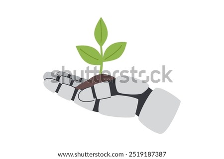 Technology concept. Robots hand holding a plant isolated on white background. Environment and ecology concept. Save the planet.