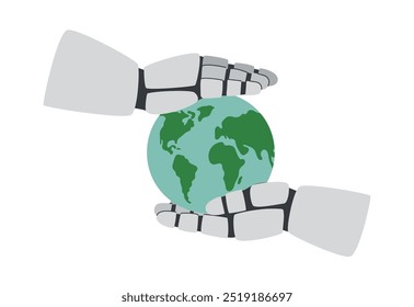 Conceito de tecnologia. Mãos de robôs segurando um planeta isolado sobre fundo branco. Conceito ambiental e ecológico. Salve o planeta.