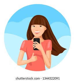 Technology concept of taking picture or making video on phone. Young woman is holding phone and showing thumb up looking on you. Vector illustration.