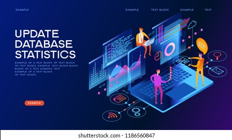 technology concept. Update database statistics. Workflow and business management. People interacting with graphs and papers. 3D vector isometric illustration.