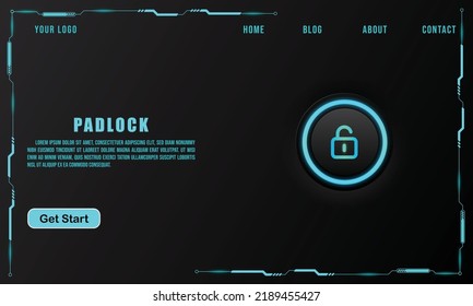 technology concept for web banner template or brochure , Blue Neon . Abstract Tech banners , Padlock button on technology background,