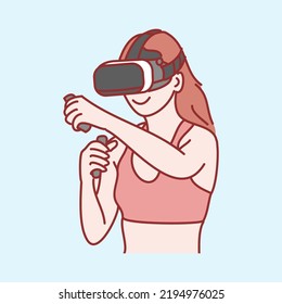 Concepto tecnológico. Joven alegre sonrisa emotiva mujer personaje de caricatura parado con gafas vr. Ilustraciones vectoriales de estilo dibujado a mano.