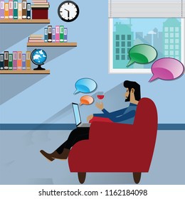 Technology concept,Man relaxing on sofa and chatting with his friends - Vector Illustration