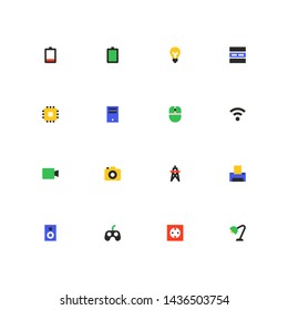 Technology concepts - colorful material design icons set on white background. Images of battery, lightbulb, server and chip, mouse, wifi, video, camera, printer, speaker, joystick, socket, lamp, CPU
