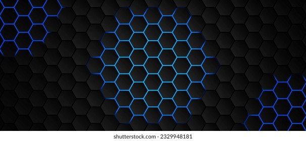 Technology concepts. Hexagon black background and blue light and shadow. Vector.