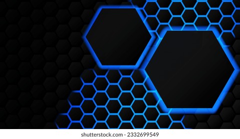 Technologiekonzepte. Hexagon, schwarzer Hintergrund und blaues Licht und Schatten. Vektorgrafik.