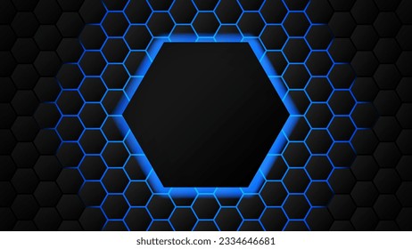 Technology concepts. Hexagon black background and blue light and shadow. Vector.