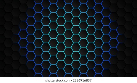 Technologiekonzepte. Hexagon, schwarzer Hintergrund und blaues Licht und Schatten. Vektorgrafik.