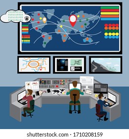 Concepto tecnológico, los técnicos están viendo la pantalla en la sala de control - vectorial Ilustración