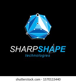 Technology conceptual emblem. Abstract geometric 3D wireframe object, vector illustration.