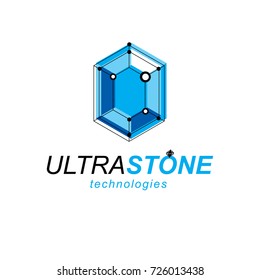 Technology conceptual emblem. Abstract three-dimensional shape, vector design element.