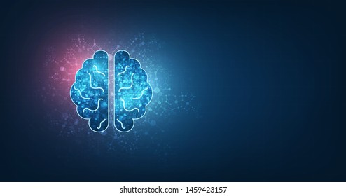technology concept.vector abstract human brain shape of an artificial intelligence with line dots and shadow on dark blue color background