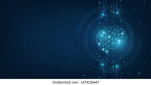 technology concept.vector abstract polygonal human brain shape of an artificial intelligence with line dots and shadow on dark blue color background