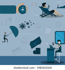 Technology concept,Young man with laptop and smartphone are trading on stocks market from his home, flat of work from home concept - vector  illustration