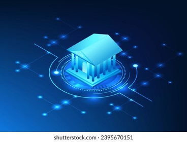 Tecnología para realizar transacciones bancarias en línea a través de teléfonos móviles o computadoras vía señal de internet Isometric ilustración del banco en círculo tecnológico.