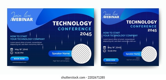 Technology Conference Live Webinar Banner Invitation And Social Media Post Template. Abstract Black Background Cover. Business Webinar Invitation Design