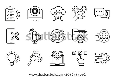 Technology Configuration Line Icon. Gear, Computer, Tool, Speech Bubble Digital Setting Concept Pictogram. Innovation Business Process Outline Icon. Editable Stroke. Isolated Vector Illustration.