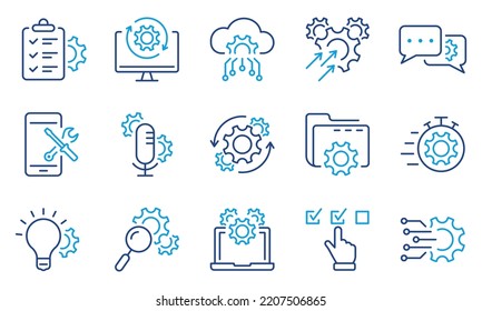 Technology Configuration Line Icon. Innovation Business Process Outline Icon. Gear, Computer, Tool, Speech Bubble Digital Setting Color Pictogram. Editable Stroke. Isolated Vector Illustration.