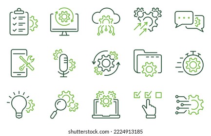 Technology Configuration Line Icon. Innovation Business Process Outline Icon. Gear, Computer, Tool, Speech Bubble Digital Setting Color Pictogram. Editable Stroke. Isolated Vector Illustration.
