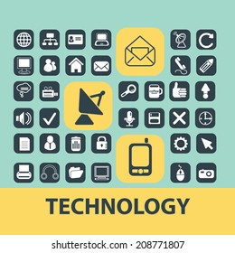 technology, connection, communication black flat icons, signs, symbols set, vector