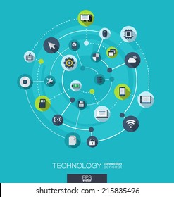 Technology connection concept. Abstract background with integrated circles and icons for digital, internet, network, connect, social media, global concepts. Vector infograph illustration. Flat design