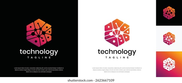 Technology connection hexagon logo design. Technology connection logo template. Technology logo symbol icon