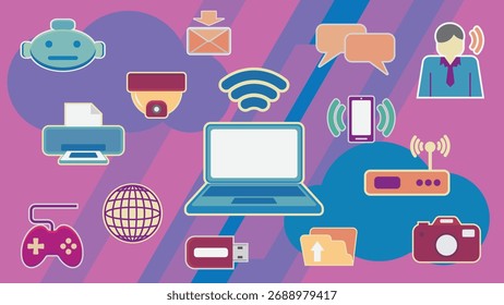 Conexión de Tecnología en la vida, Dispositivos Electrónicas Conjunto de iconos de conexión, Ilustración digital Colección de símbolos de medios