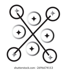 Technology, connection, or network diagram featuring nine circular icons or nodes with star shapes inside, linked by a bold X-shaped line.