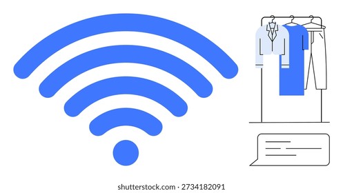 Technology, connectivity, smart devices, fashion innovation, digital communication, wardrobe management. wireless icon with digital clothing rack and chat bubble. Technology and connectivity in
