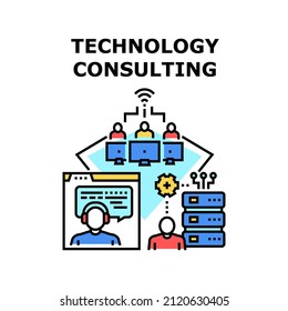 Technology consulting business service. counsulting design. information mobile. digital web social teamwork vector concept color illustration