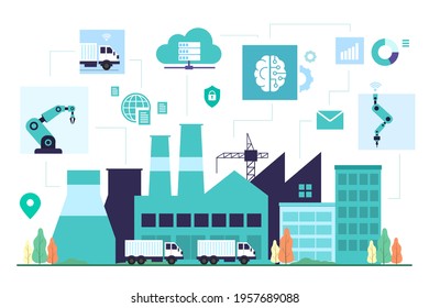 Technology control with data analysis, and Assembly process in smart factory concept. Isolated Flat Vector illustration