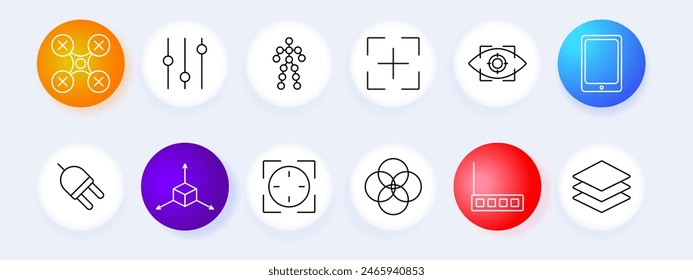 Technology and control set icon. Drone, sliders, human figure, target, eye scan, tablet, plug, 3D axis, crosshair, Venn diagram, router, layers. Technology and digital control concept.
