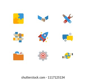 Technology cooperation icons set. Handshake and technology cooperation icons with technical development, technical project and technical partnership. Set of businessman for web app logo UI design.