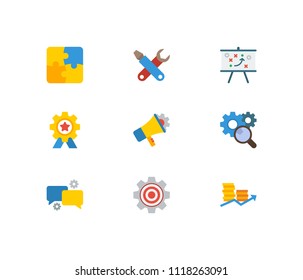 Technology cooperation icons set. Marketing and technology cooperation icons with technical strategy, technical development and finance. Set of unity for web app logo UI design.