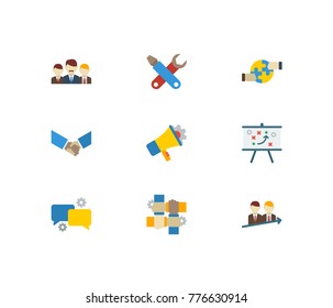 Technology cooperation icons set with partnership, handshake, marketing elements. Set of technology cooperation icons also including partnership sign for your web app logo UI design.