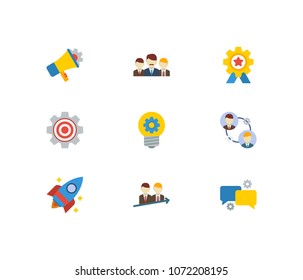 Technology cooperation icons set. Teamwork and technology cooperation icons with technical collaboration, marketing and startup. Set of person for web app logo UI design.