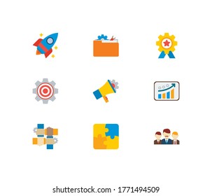 Technology cooperation icons set. Teamwork and technology cooperation icons with startup, marketing and growth. Set of corporate for web app logo UI design.