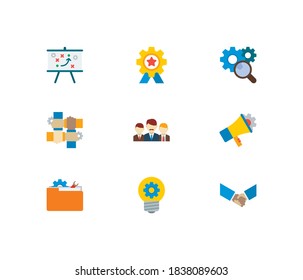 Technology cooperation icons set. Teamwork and technology cooperation icons with research, marketing and creativity. Set of corporate for web app logo UI design.