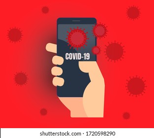 technology and corona virus. He says COVID-19 on his mobile phone. Smartphone and coronavirus. Coronavirus smartphone aplication .