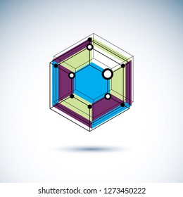 Technology corporate emblem. Abstract geometric 3D faceted object, digital science theme vector illustration.