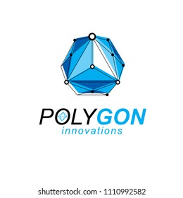 Technology corporate emblem. Abstract vector 3D mesh polygonal object, science theme illustration.