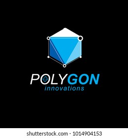 Technology corporate logo. 3D origami abstract mesh object, vector design element.