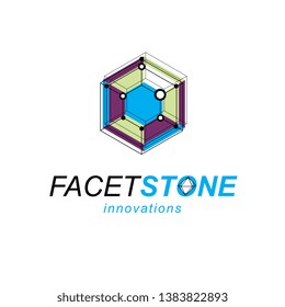Technology corporate logo. Abstract vector geometric form, 3D shape science theme illustration.