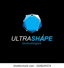 Technology corporate symbol. Abstract geometric 3D faceted object, digital science theme vector illustration.