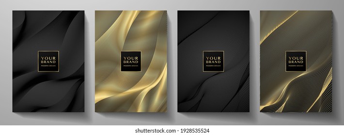 Technology cover background design set. Luxury line pattern (guilloche curves) in premium black, gold. Vector tech backdrop for business layout, digital certificate, formal brochure template, network