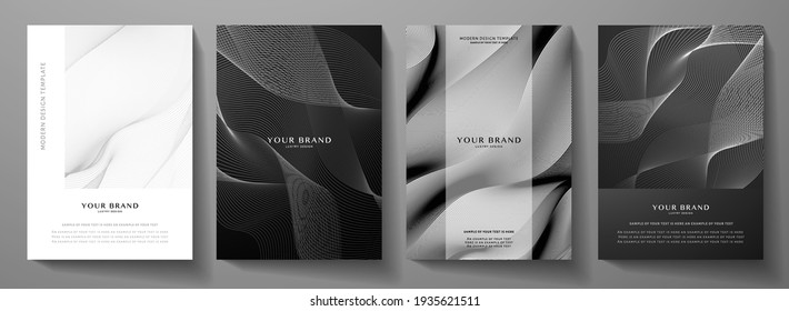 Technology cover background design set. Luxury line pattern (guilloche curves) in premium black, white. Vector tech backdrop for business layout, digital certificate, formal brochure template, network