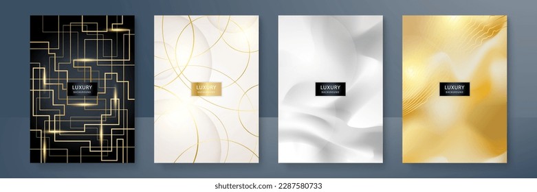 Conjunto de diseño de fondo de cobertura de tecnología. Patrón de líneas de lujo (curvas onduladas) en oro premium, negro. Fondo de tecnología de vectores para diseño de negocios, certificado digital, plantilla de folletos formal, red